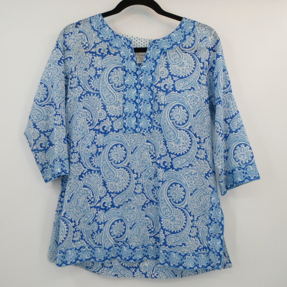 Gretchen Scott Blue White Paisley Embroidered Cotton Tunic Top Small